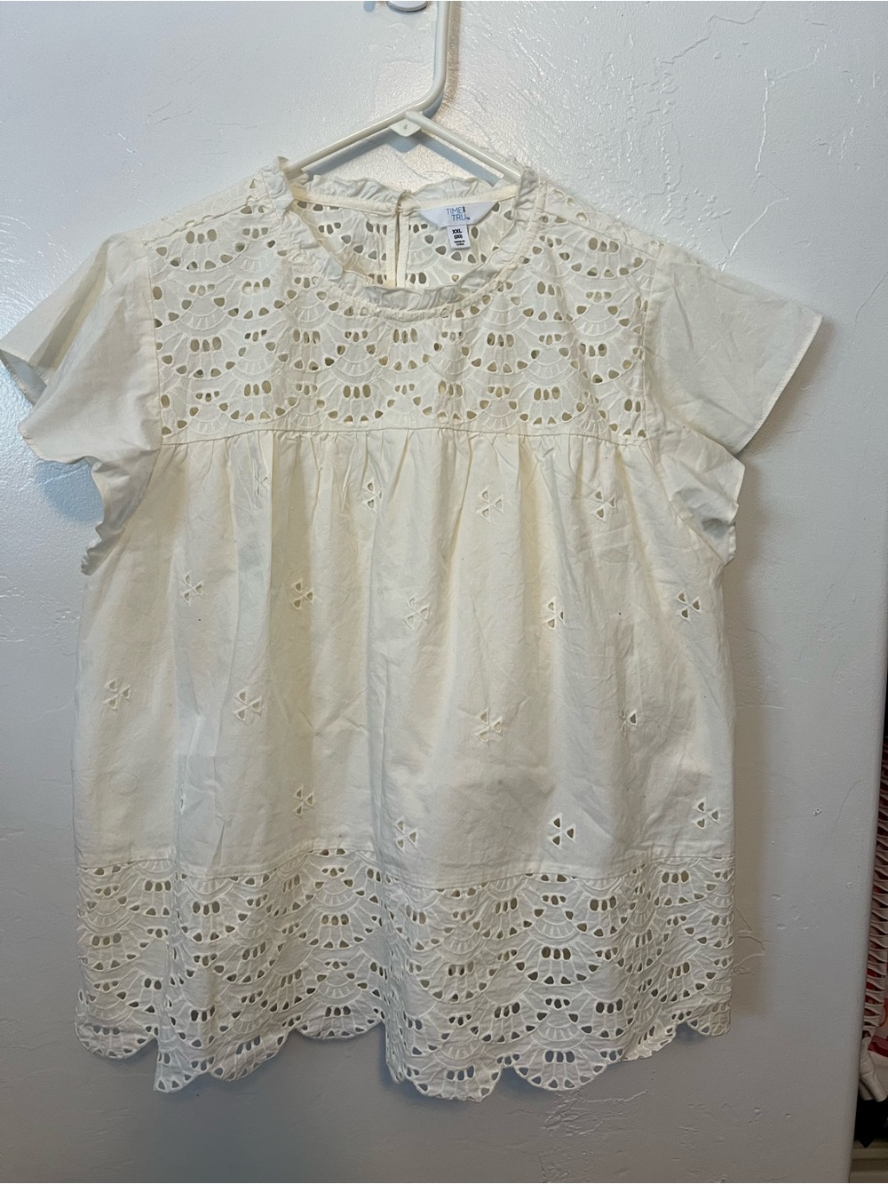 NWT Time and Tru Cream Eyelet Yoke Short Sleeve Blouse Size XXL Boho Lace